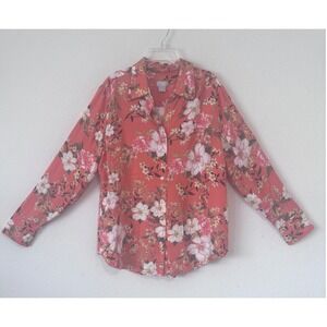 Chico's Top Floral Sz Large Long Sleeve Blouse Orange Cruise‎ Resort Wear